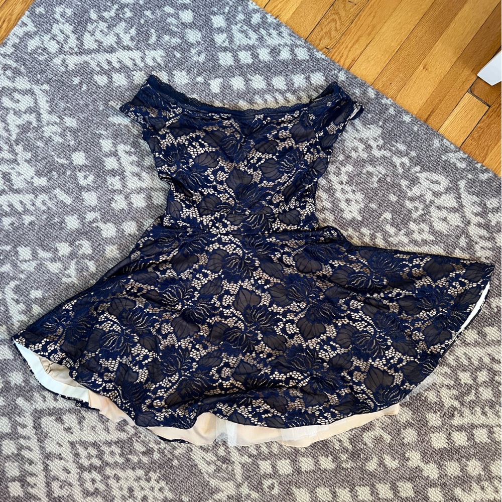 B.Darlin Navy Lace Fit and Flare off the Shoulder Mini Dress